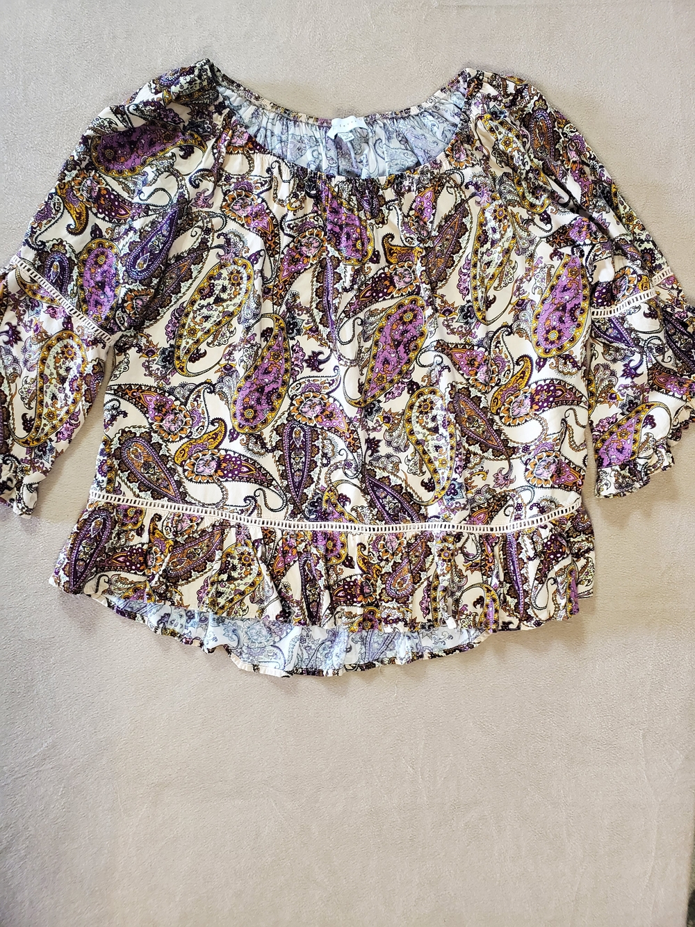 Womens Paisley Peasant Top - Purple & Cream
